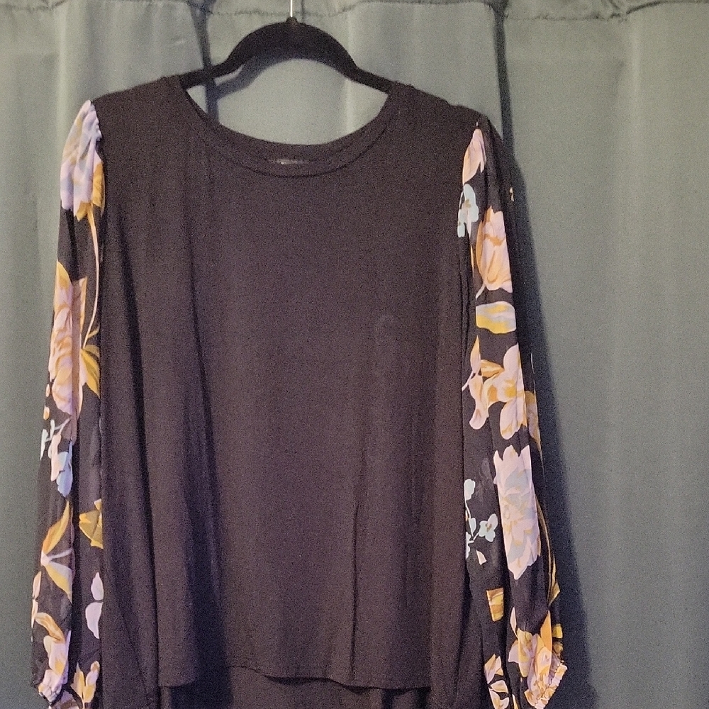 Tahari Black Blouse with Floral Sleeves